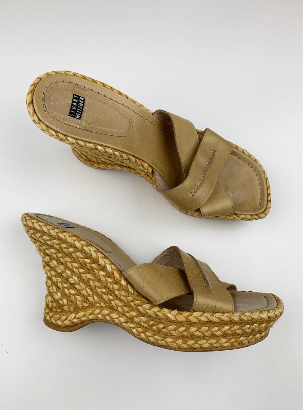 Stuart Weitzman Espadrille Platform Wedge Sandals Gold Tan Leather Women's 8
